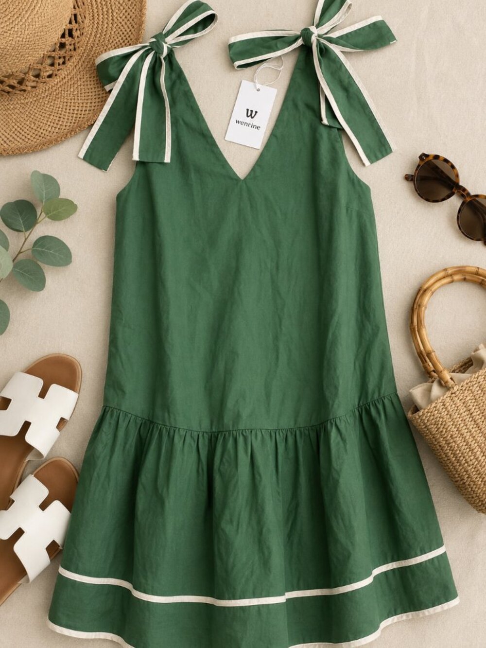 Wenrine Dark Green Drop Waist Mini Dress Size Small Tie Shoulder Bow White Trim